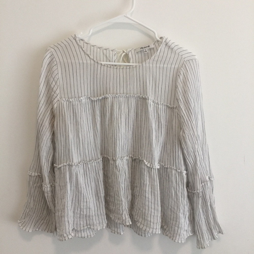 Madewell Striped Blue and White Ruffled Blouse